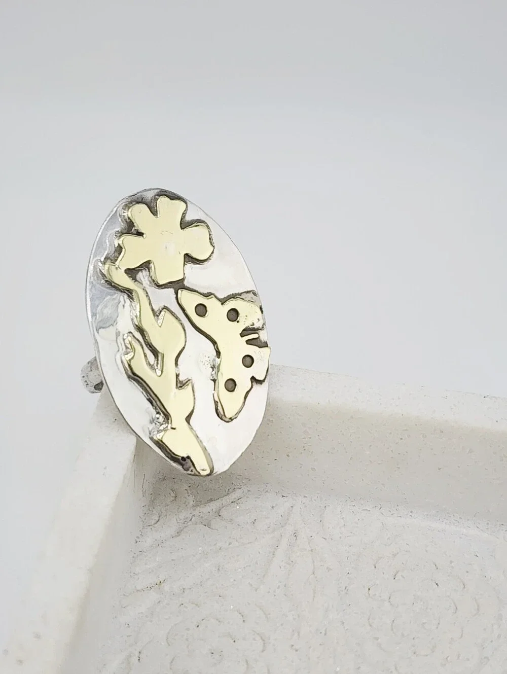 STERLING SILVER & BRASS BOTANICAL HANDMADE RING MIX METAL DESIGN SIZE 7